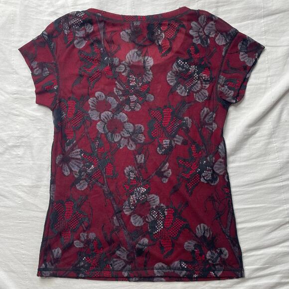 Vivienne Tam Red Black Floral Lace Short Sleeve Top Sz Medium Women's Y2K - Picture 2 of 4